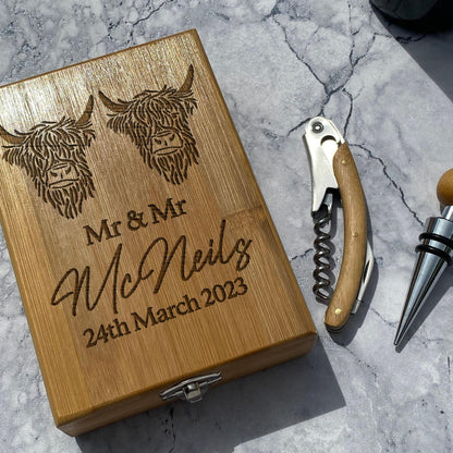 Highland Cow Mr & Mr Gay LGBT - Personalised Wine Accessory Kit - Wedding Gift