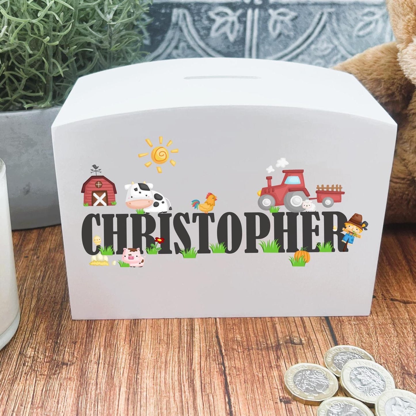 Farm Yard Theme Wooden Money Box - Colourful - Personalised - Children's Birthday Saving Gift