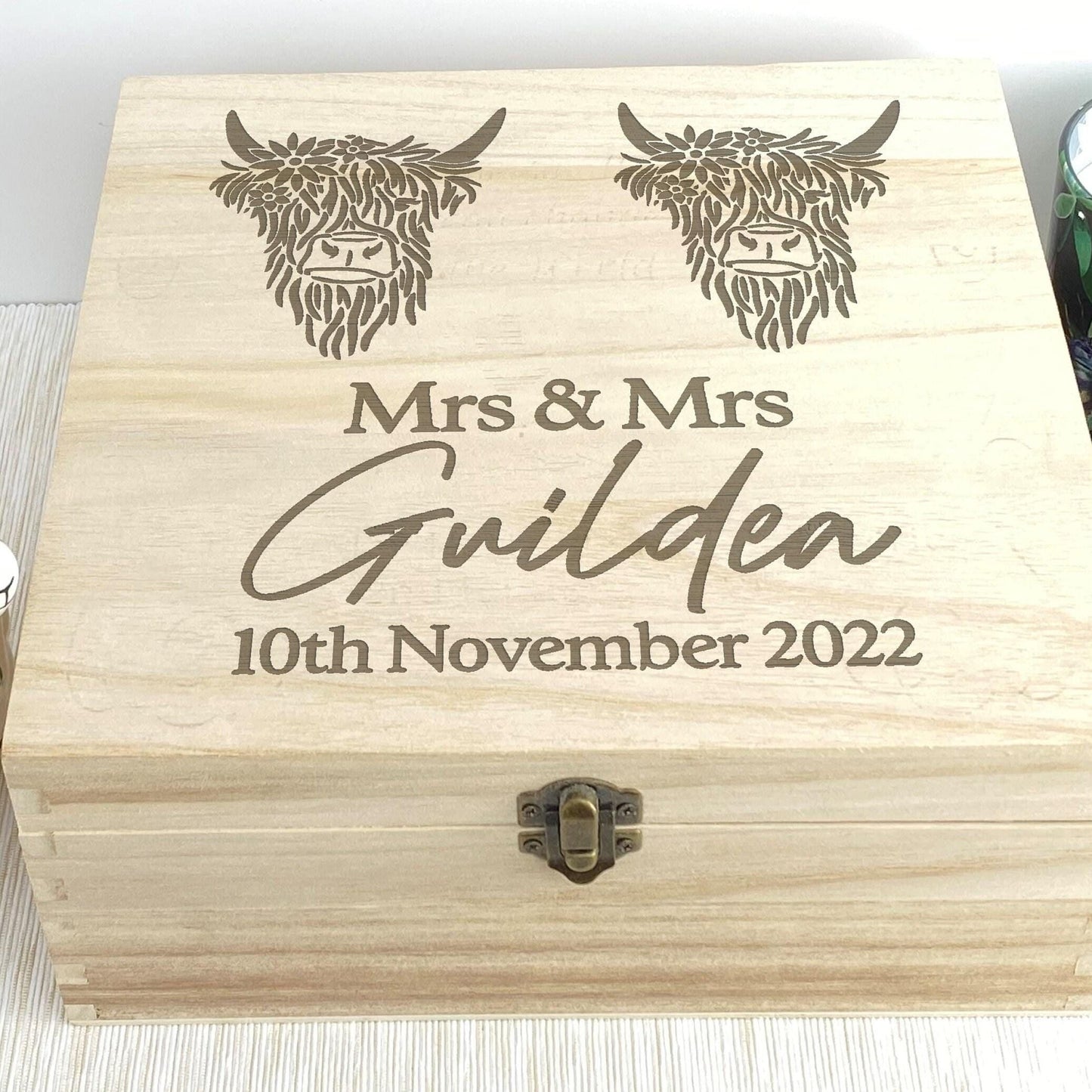 Highland Cow Mrs & Mrs Lesbian LGBT Couple Personalised Memory Box Wedding Gift