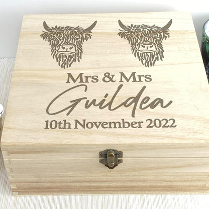 Highland Cow Mrs & Mrs Lesbian LGBT Couple Personalised Memory Box Wedding Gift