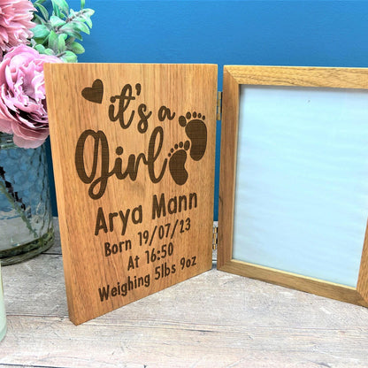 It's A Girl New Baby Personalised Oak Photo Frame Gift - New Baby Gift