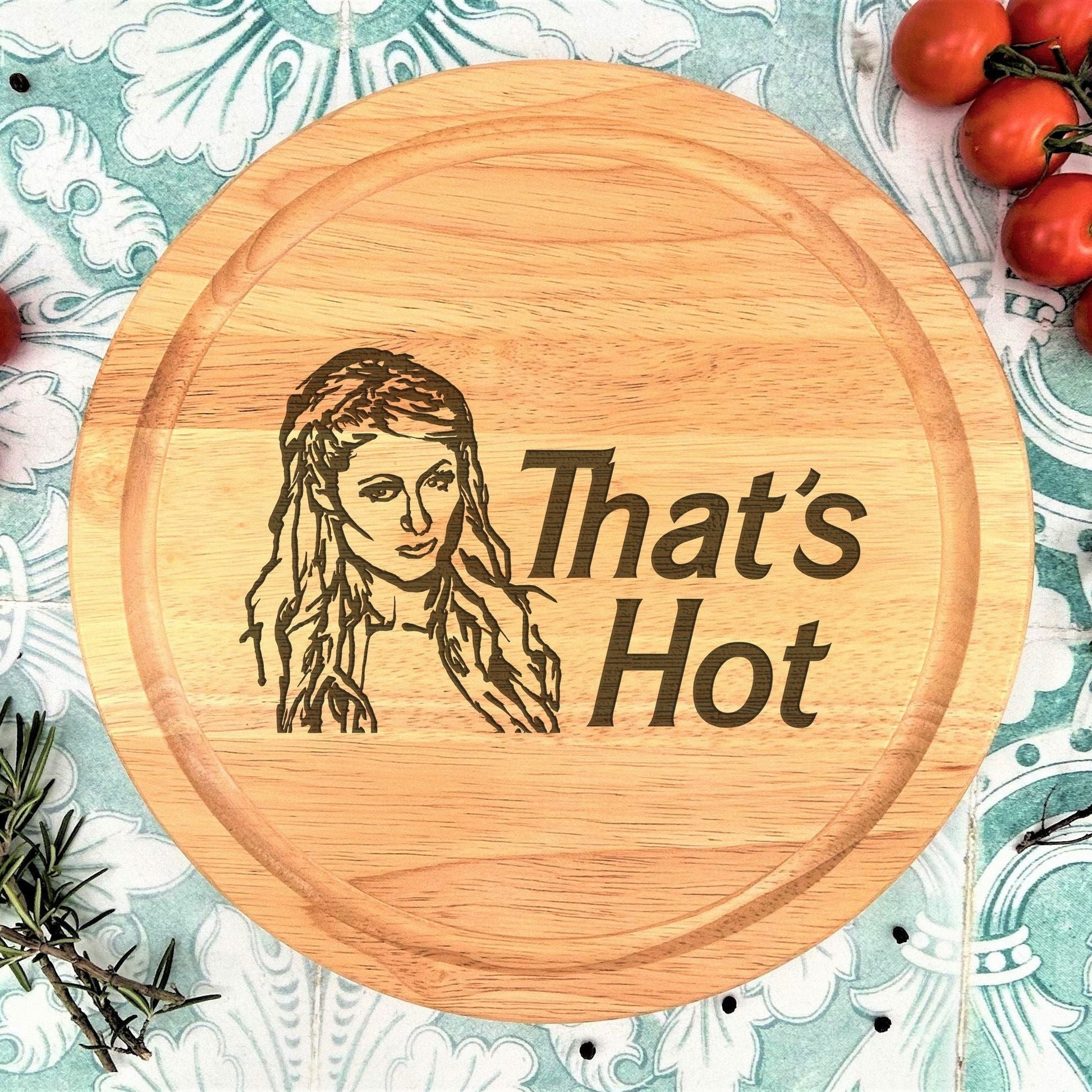 a cutting board with a picture of a woman on it