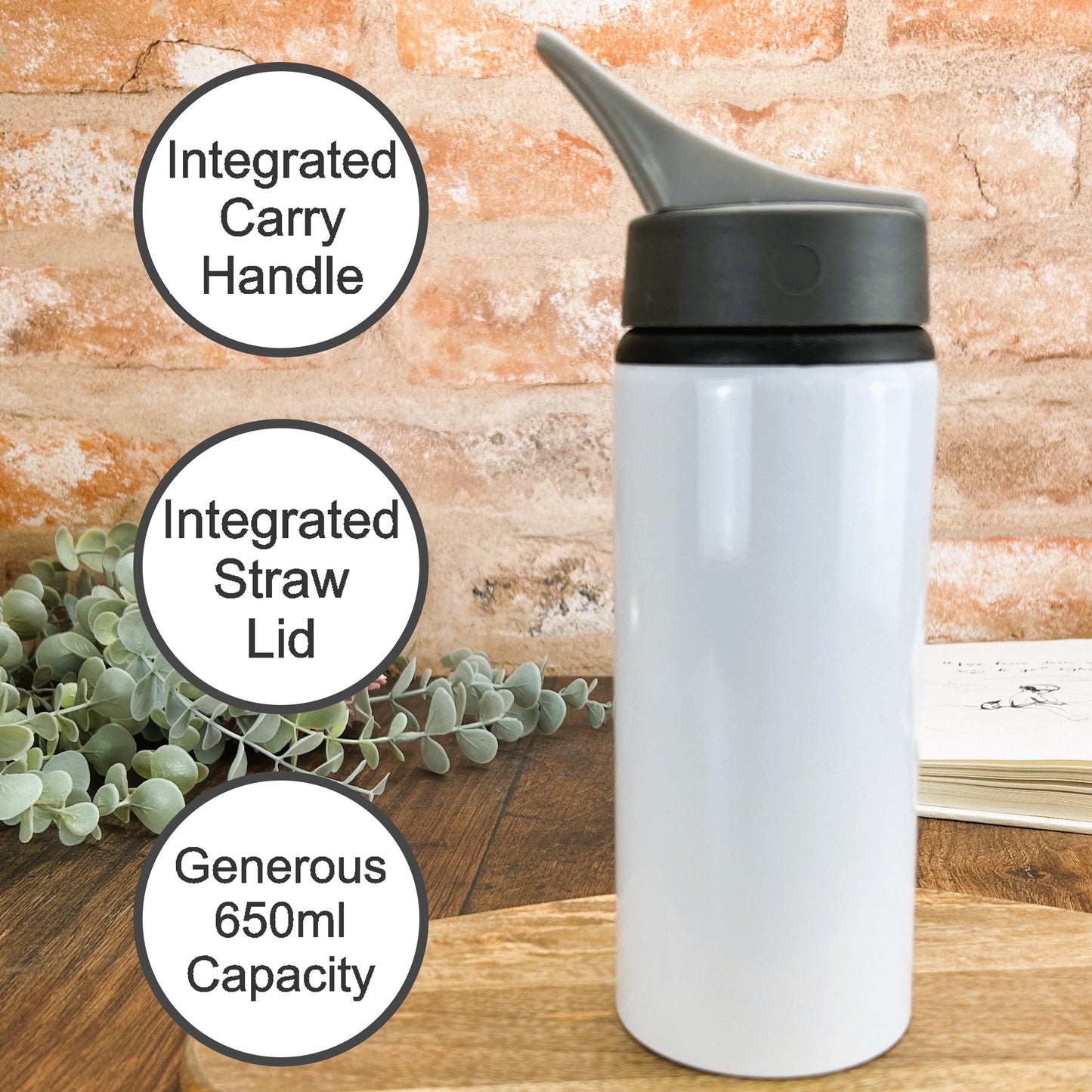 a white water bottle sitting on top of a wooden table