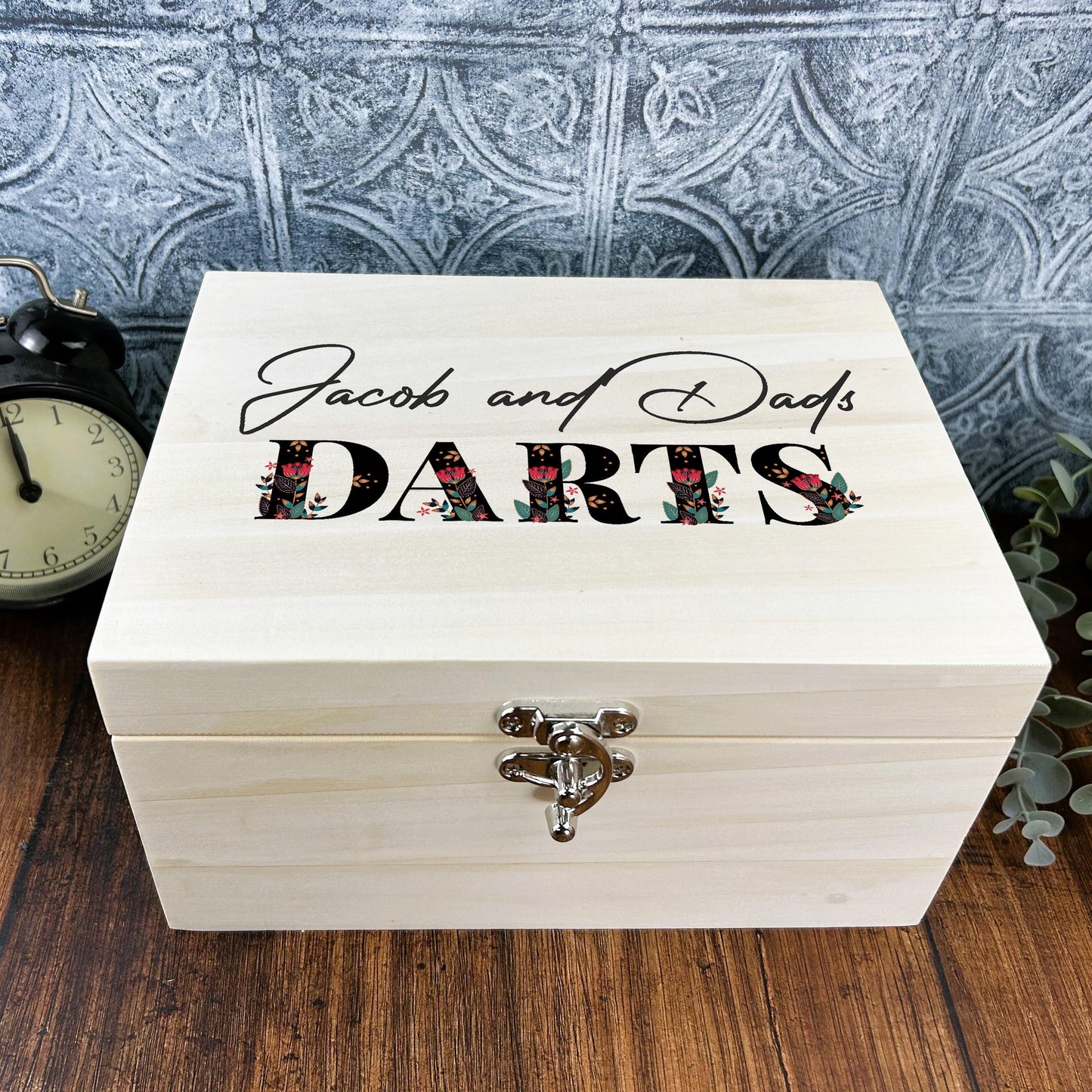 Black Floral Letters Folk Art Style Personalised Wooden Memory Box