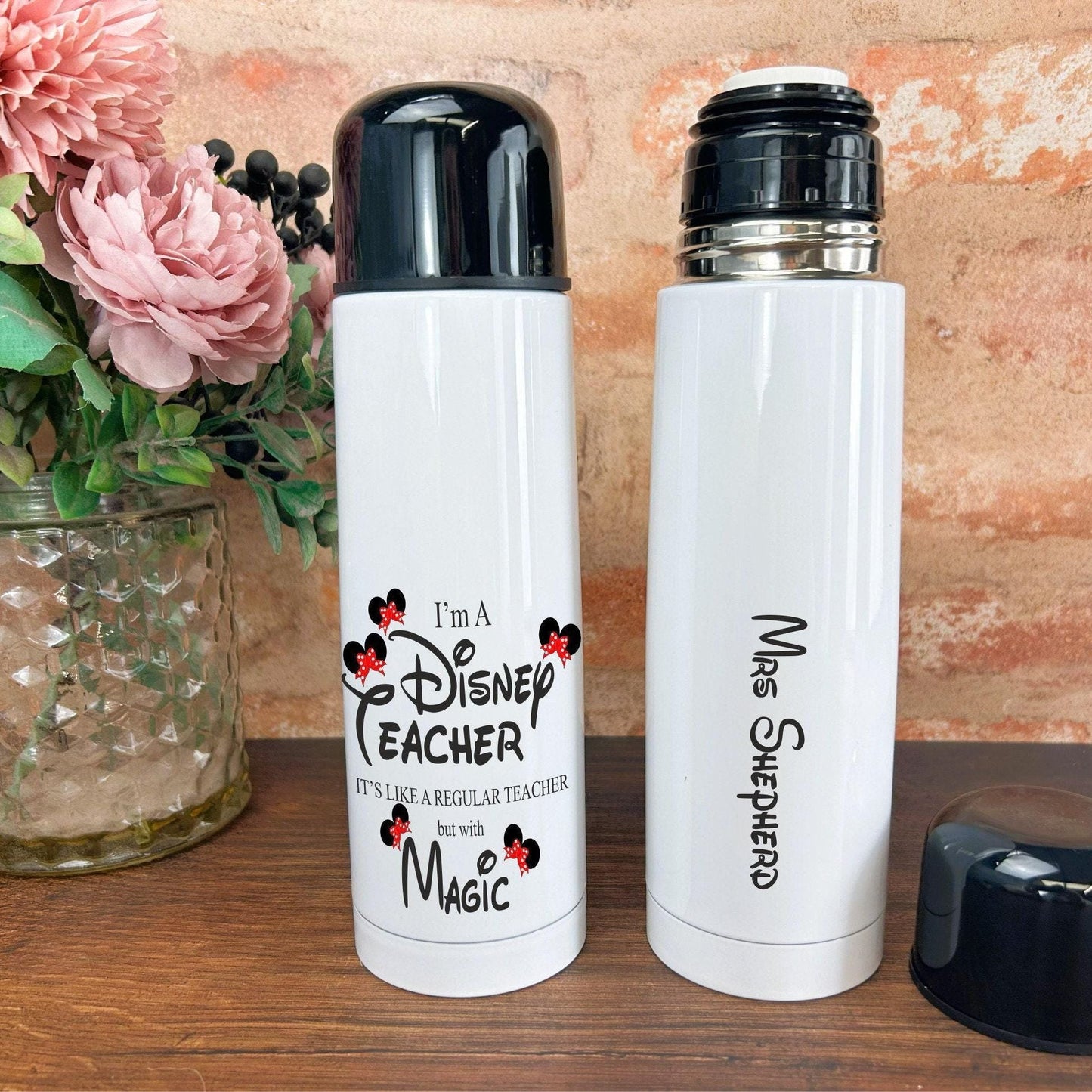 Disney Teacher With Magic, Vacuum  Flask, Personalised Message, End of School Thank You Gift - Primary - Junior - Leaving - TA - Assistant -