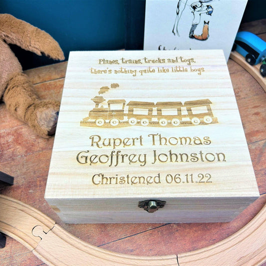 Train Design Memory Keepsake Box - Personalised Christening / New Baby Gift
