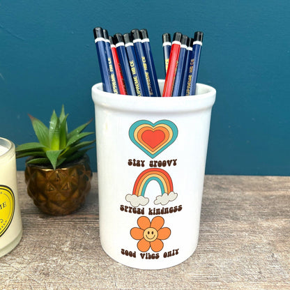 Stay Groovy Good Vibes Hippy 70s Positivity Ceramic Pencil Pen Pot Stationary Gift