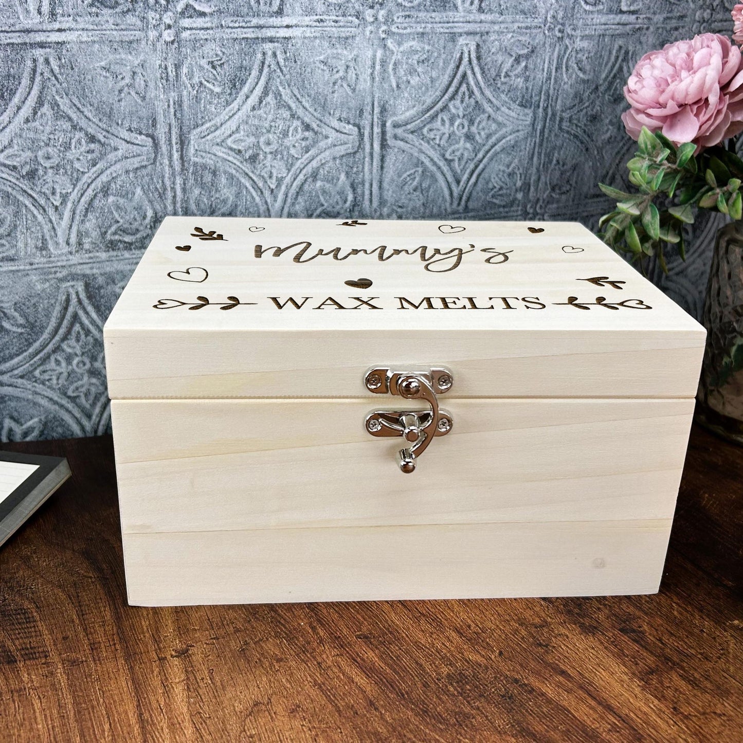 Hearts & Leaves Wax Melts Wooden Storage Box Personalised Gift