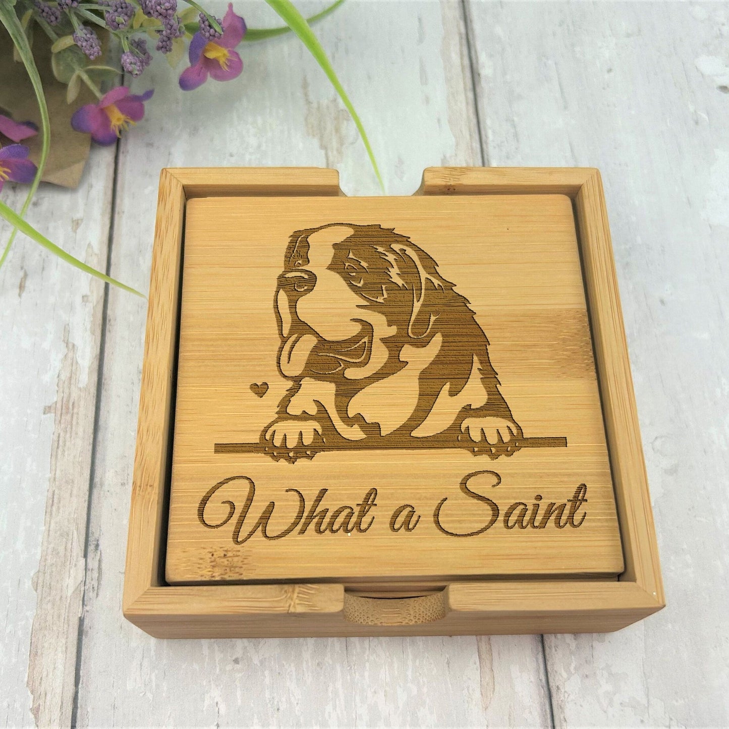 Saint Bernard Dog Engraved Bamboo Coaster Set New Home Décor House Warming Gift Christmas Gift Birthday Present