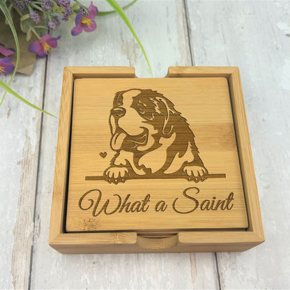 Saint Bernard Dog Engraved Bamboo Coaster Set New Home Décor House Warming Gift Christmas Gift Birthday Present