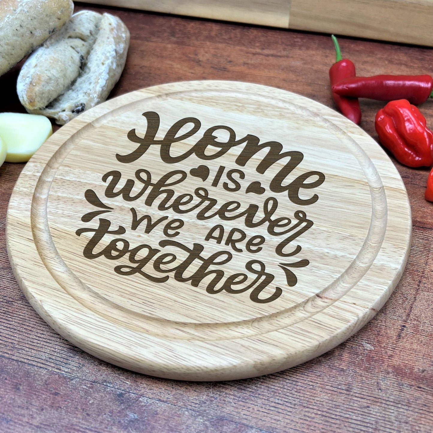 a cutting board with some vegetables and some words on it