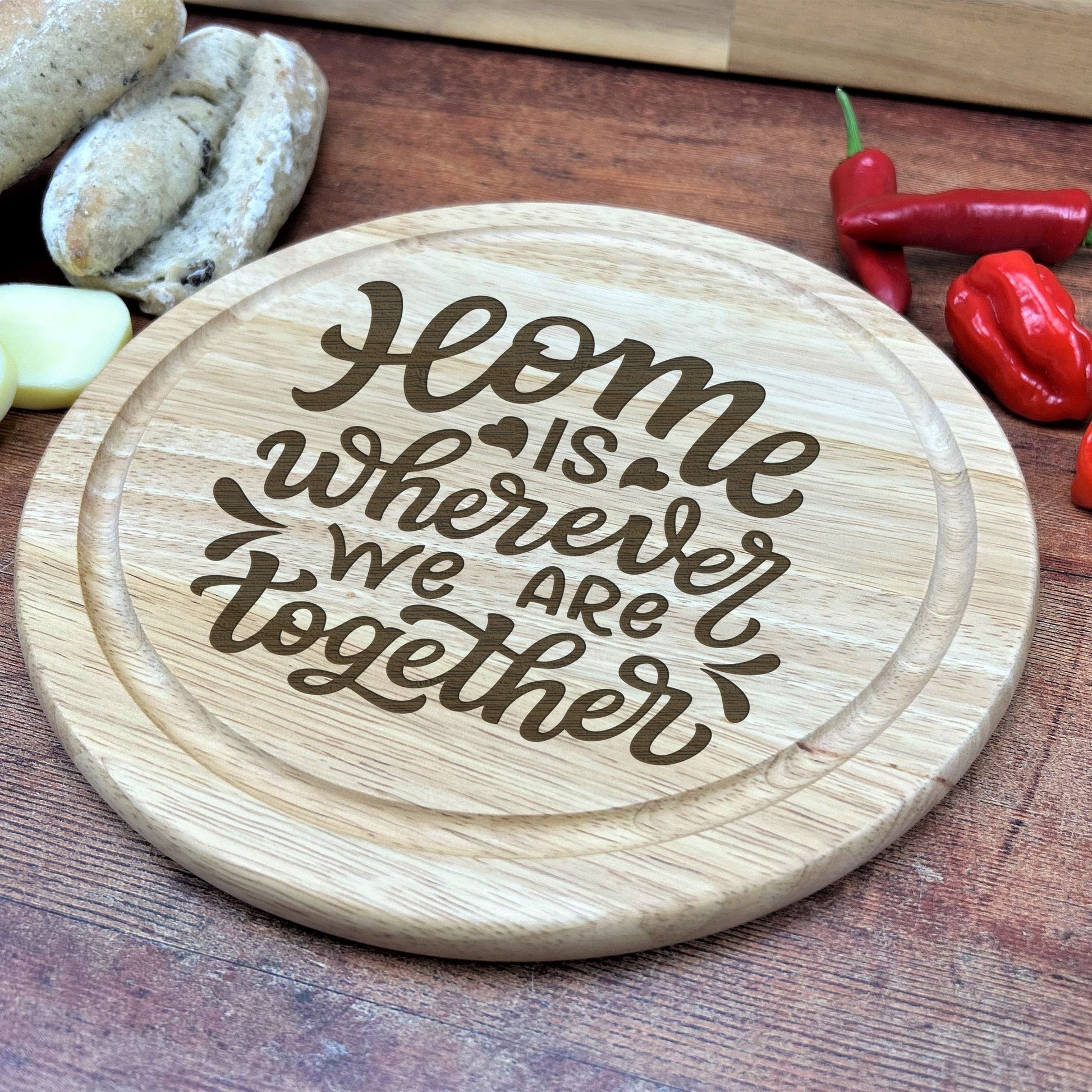 a cutting board with some vegetables and some words on it