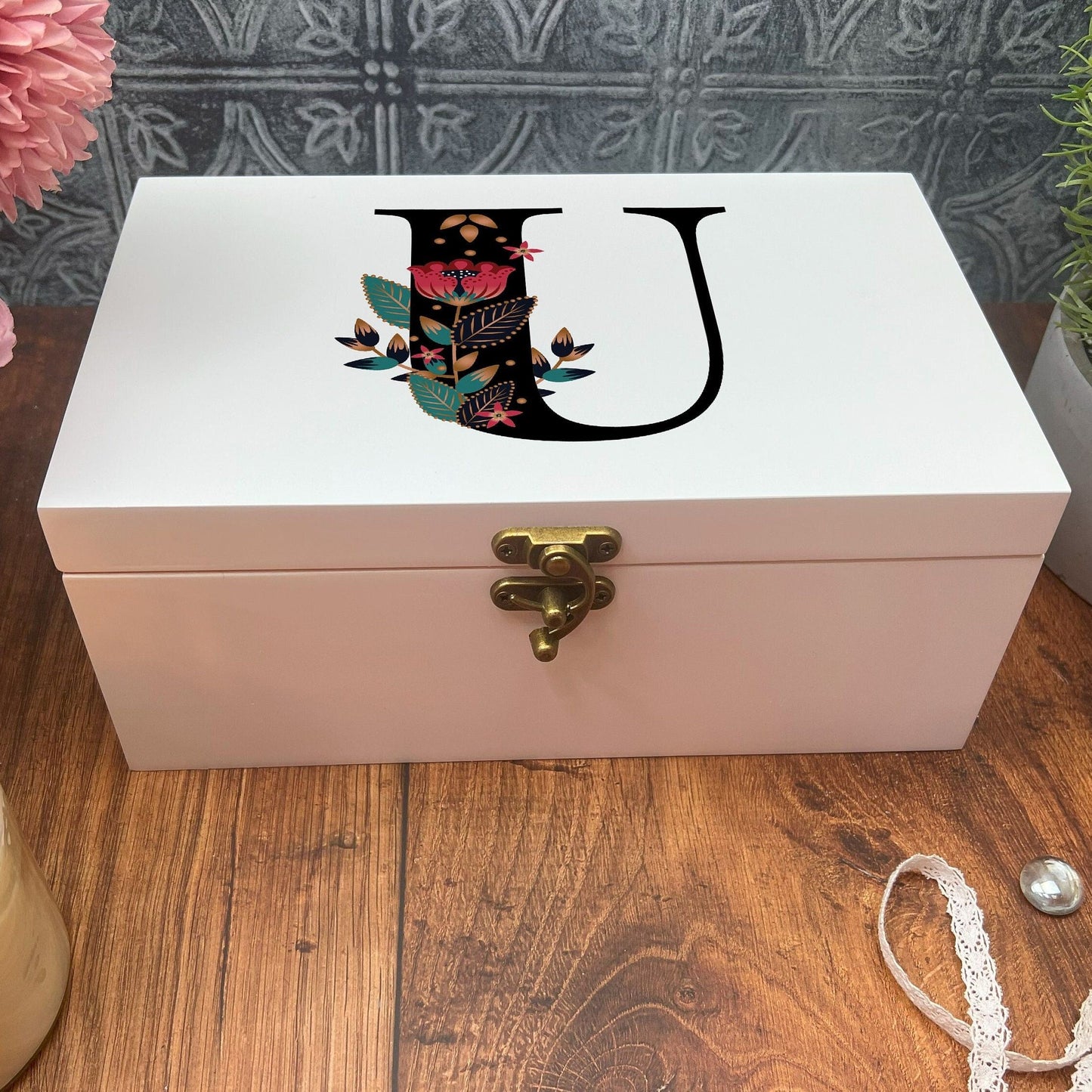 Monogram Personalised Floral Jewellery Trinkets Box - Birthday Gift