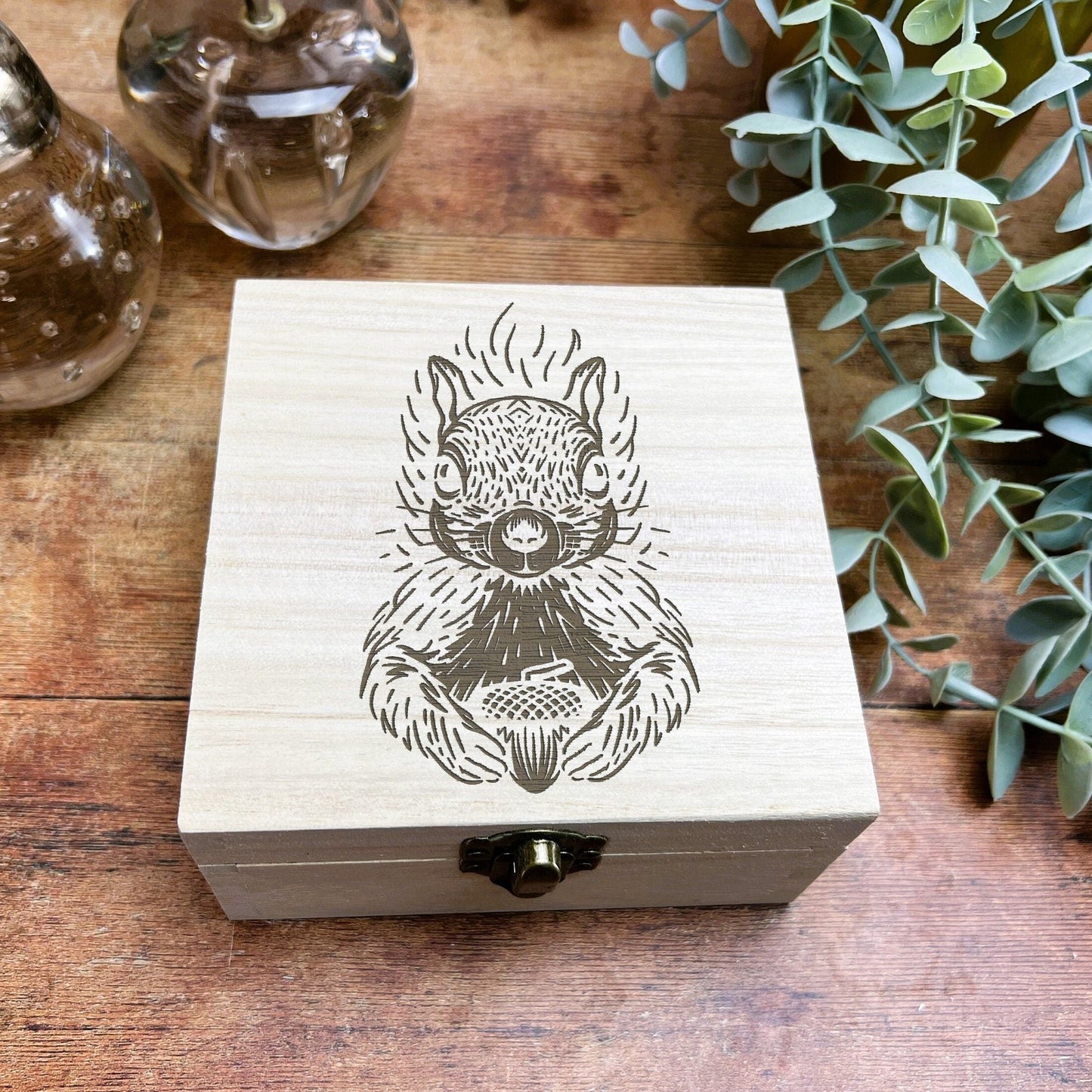 Squirrel Engraved Illustration Wooden Trinket Jewellery Box Christmas Gift Birthday Present Woodland Animal