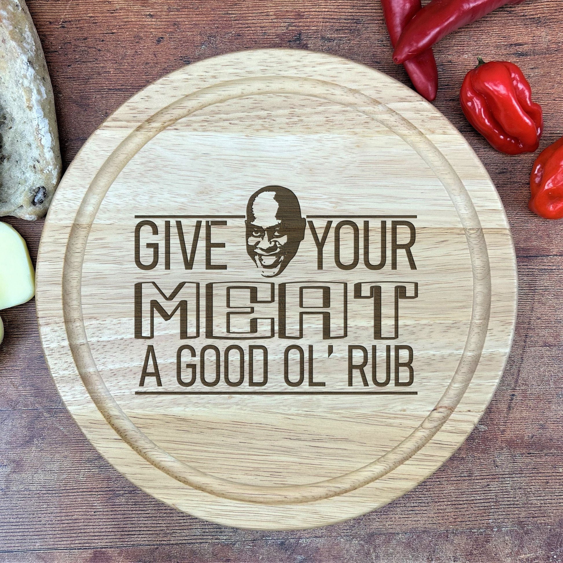 a cutting board with a picture of a man's face on it