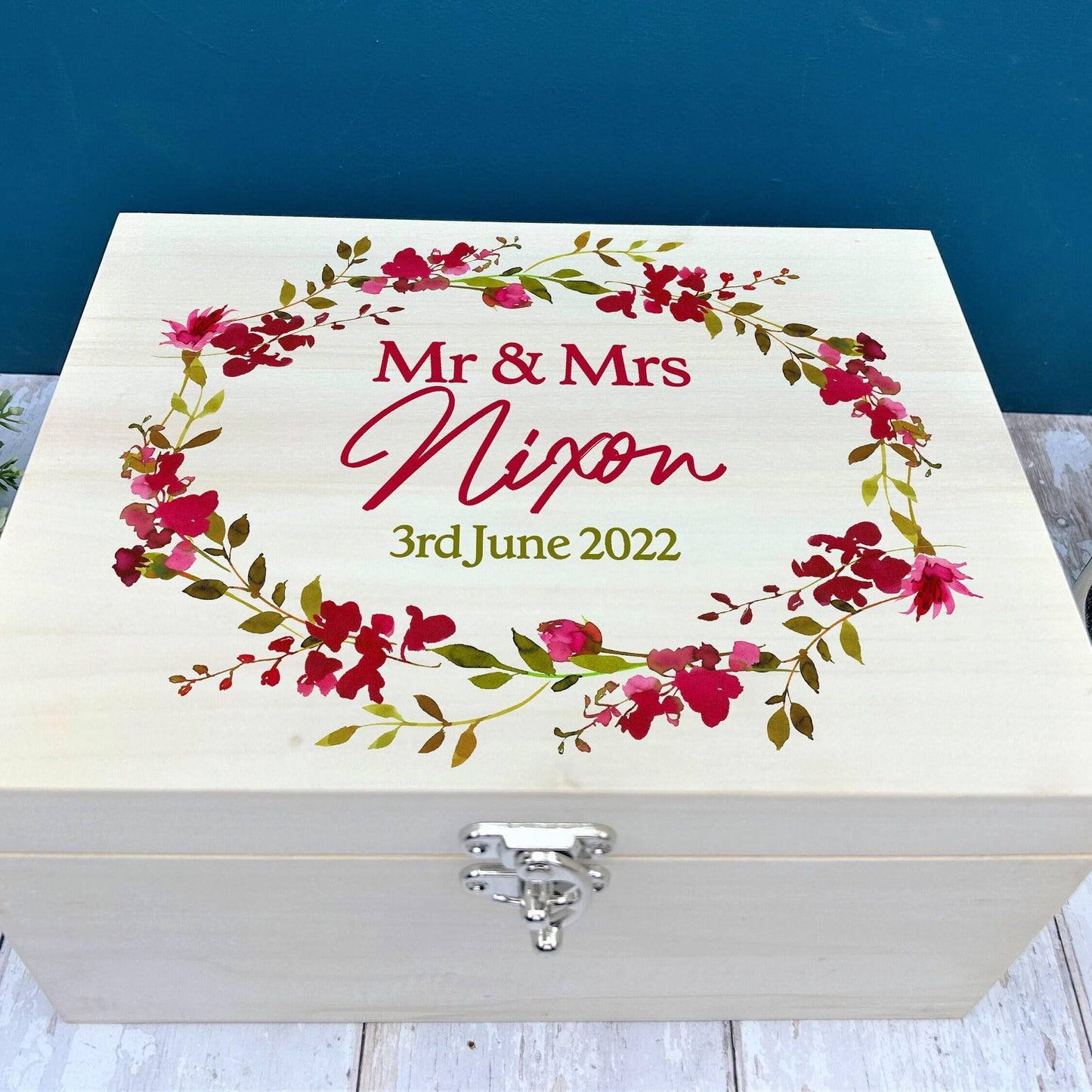 Wedding Memory Box - Pink Floral Wreath Design - Personalised Wedding Gift
