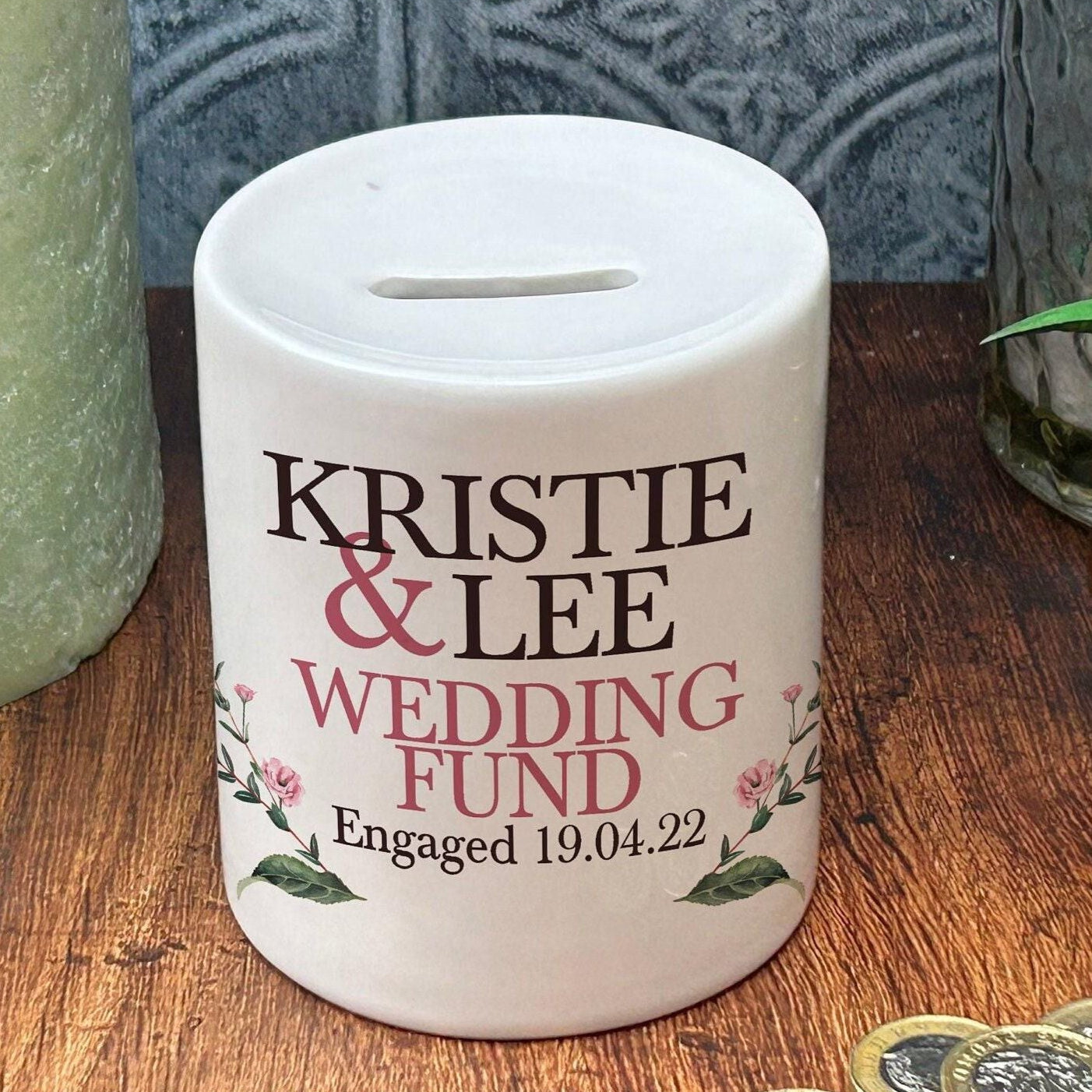 Roses Wedding Fund Money Box Savings Gift  - Engagement Personalised Gift
