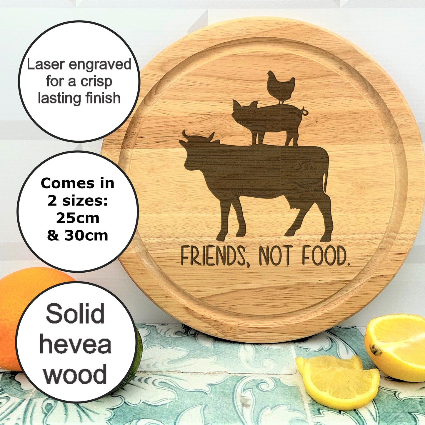 a wooden cutting board with a picture of a cow and two chickens on it