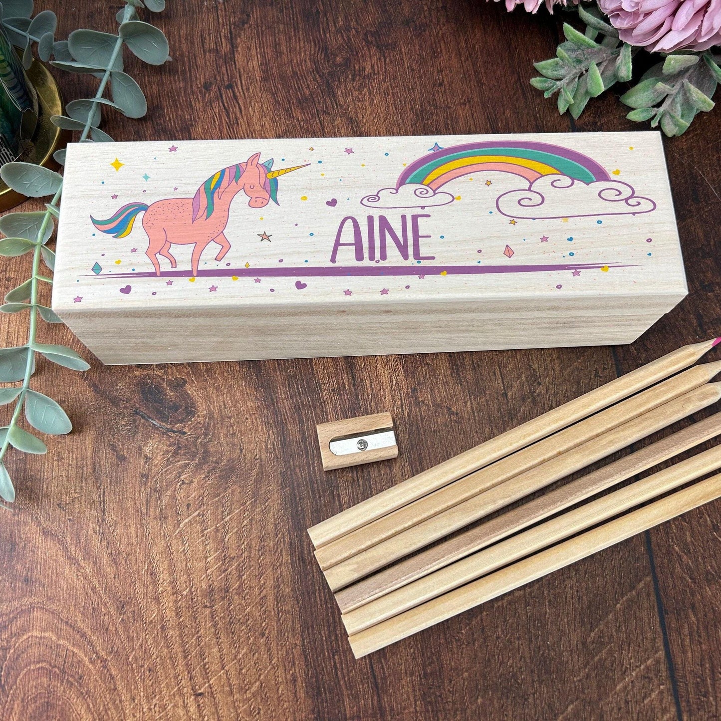 Unicorn Printed Personalised Wooden Pencil Case Box - Pencil Case School Stationery Birthday Gift