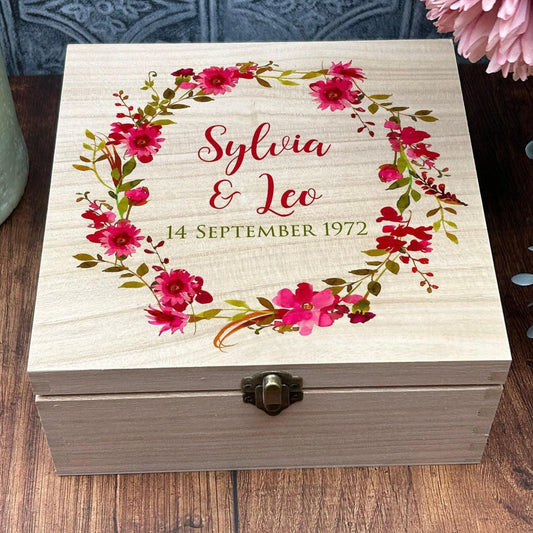 Floral Wreath Wedding Wooden Personalised Memory Box - Wedding Gift