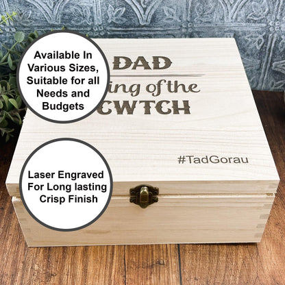 a wooden box with two labels on it