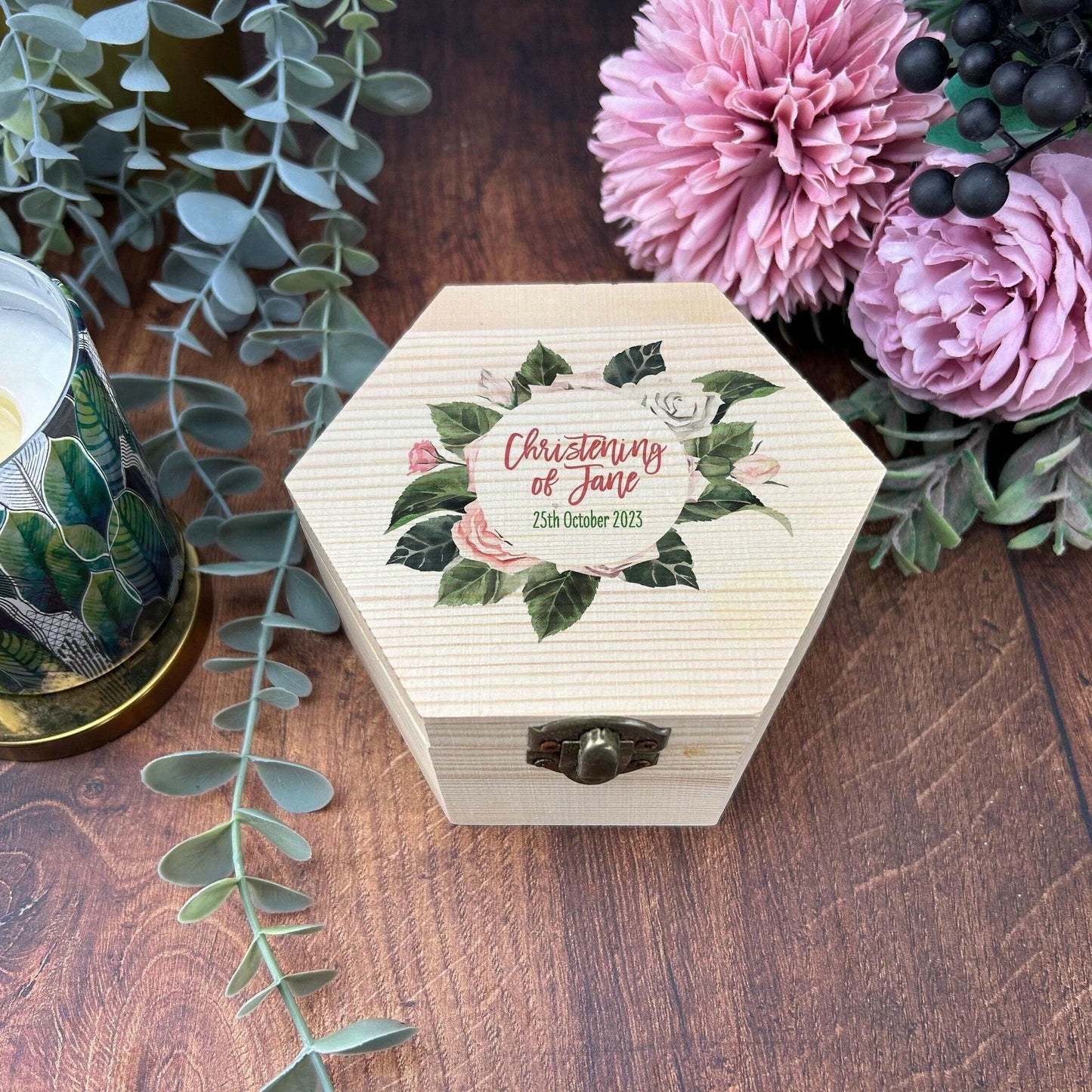 Floral Christening Printed Box - Toy Storage / Memory - Wooden Personalised Gift