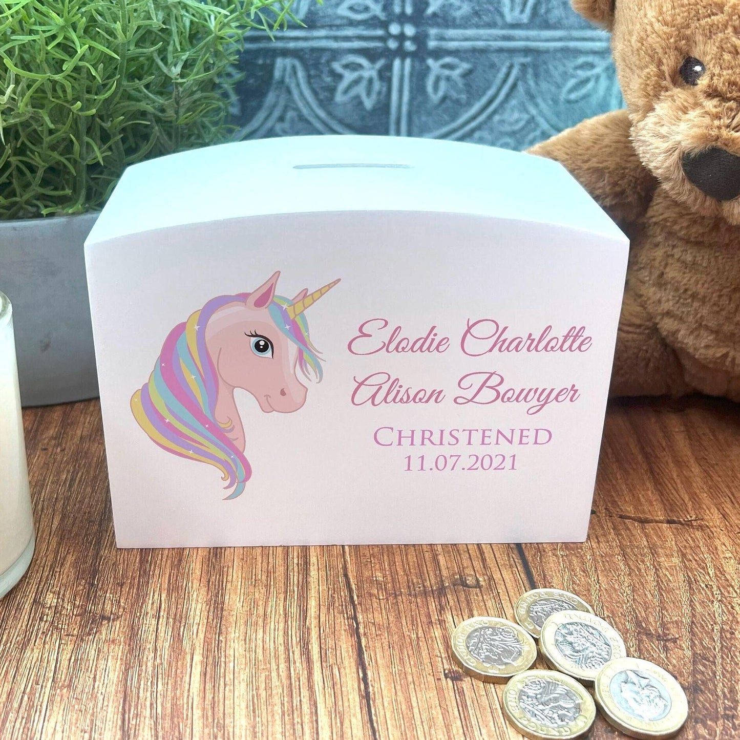 Unicorn Wooden Money Box - Colourful Personalised Birthday Saving Gift