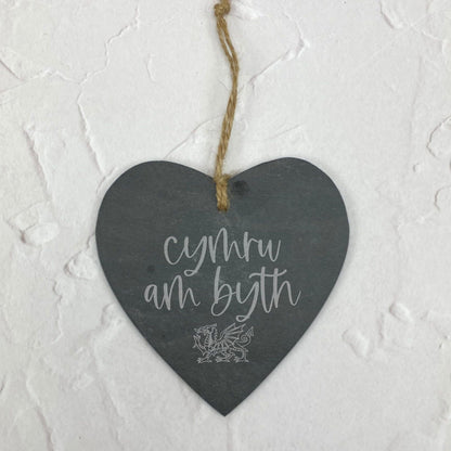 Cymru Am Byth Wales For Ever Slogan Dragon - Slate Heart Plaque