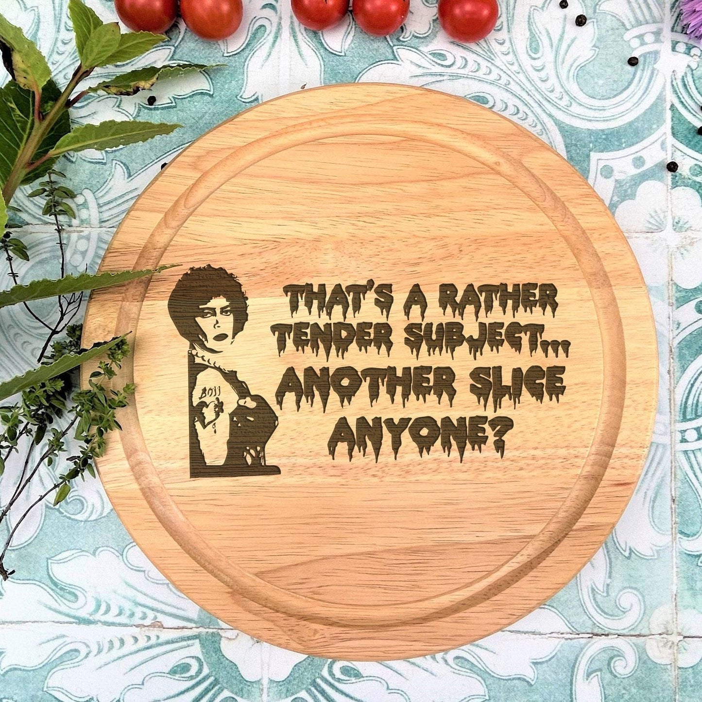 a cutting board with a picture of a woman on it
