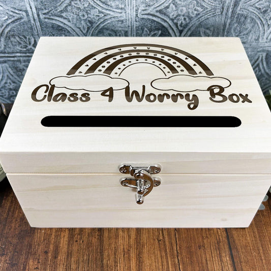 Worry Box  Rainbow Heart Engraved Personalised Primary School Dropbox