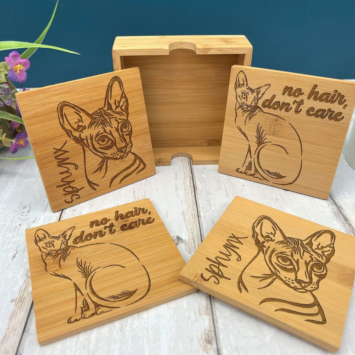 Sphynx Cat Bamboo Engraved Coaster Set New Home Décor House Warming Christmas Gift Birthday Present