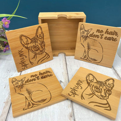 Sphynx Cat Bamboo Engraved Coaster Set New Home Décor House Warming Christmas Gift Birthday Present