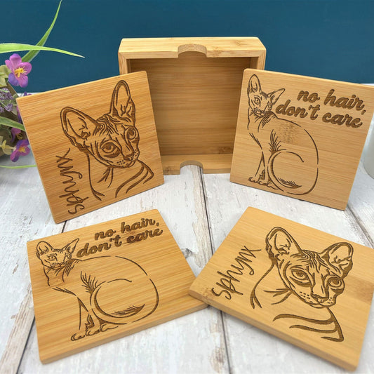 Sphynx Cat Bamboo Engraved Coaster Set New Home Décor House Warming Christmas Gift Birthday Present