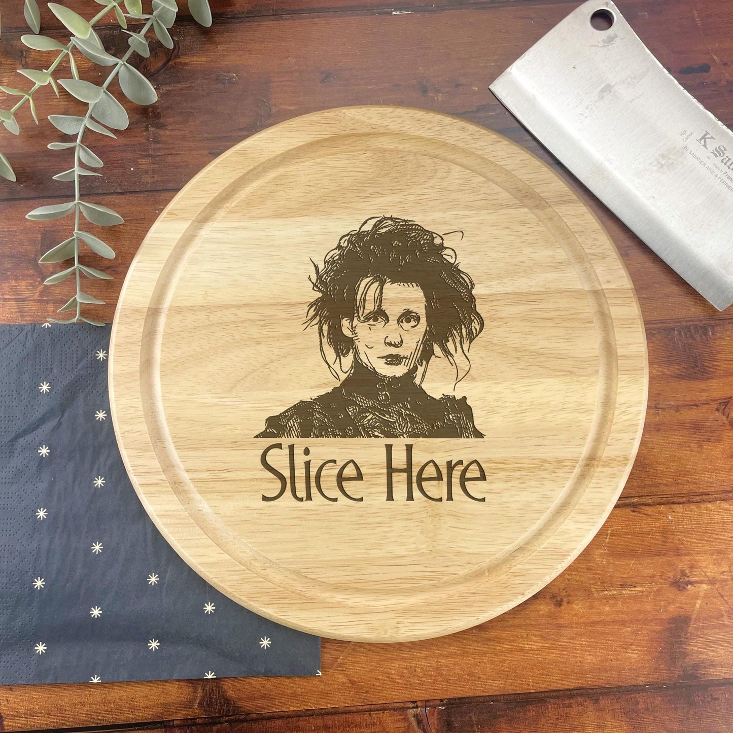 a cutting board with a picture of a woman on it