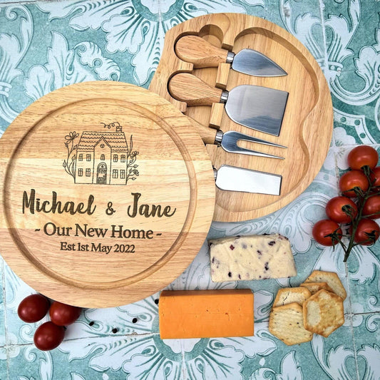Our New Home Housewarming / First House Cheese Board Set with Utensils - Wooden Engraved Personalised Gift