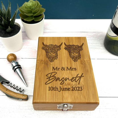 Highland Cow Mr Mrs Personalised Wine Accessory Kit - Wedding Gift