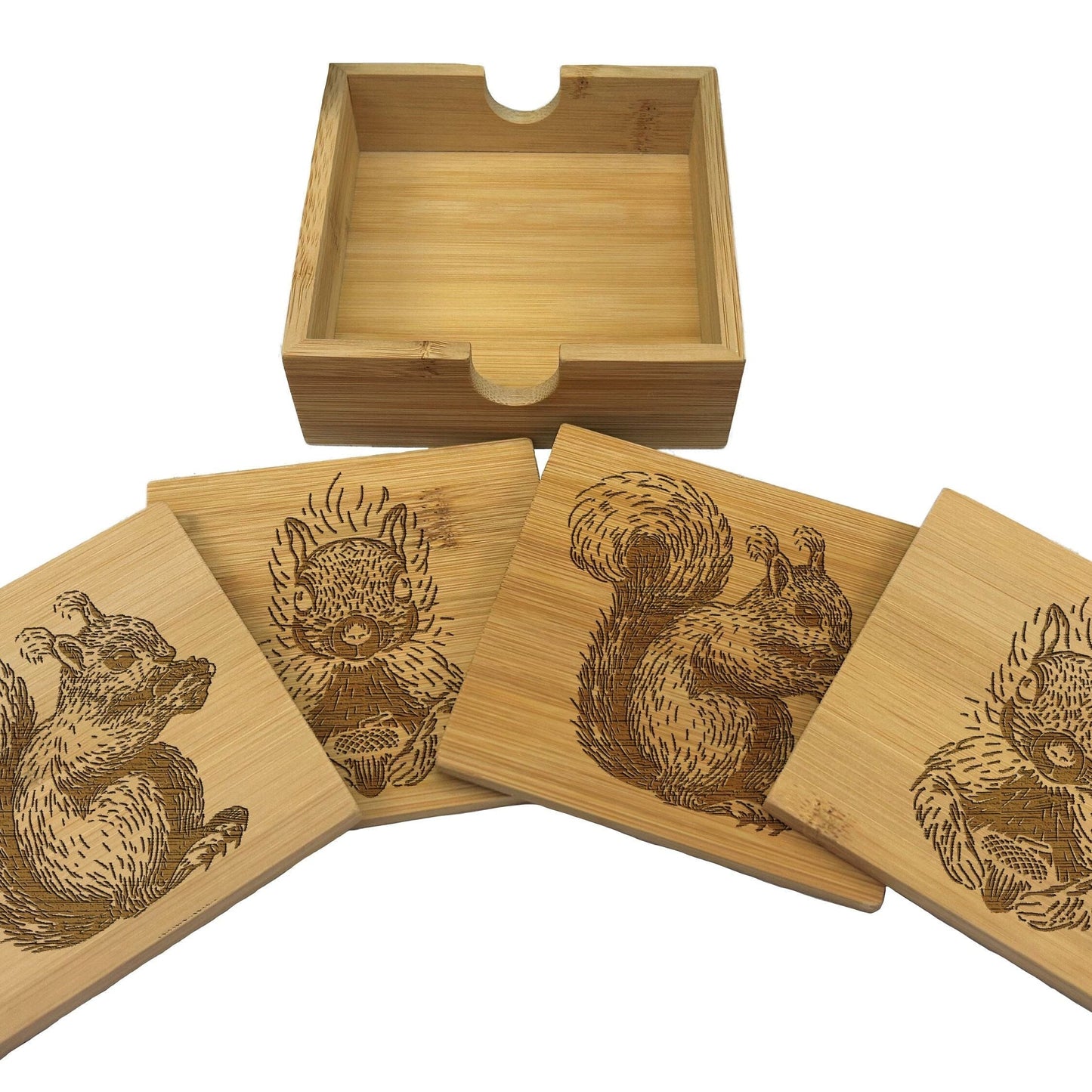 Squirrel Engraved Bamboo Coaster Set New Home Décor House Warming Christmas Gift Birthday Present Woodland Animal Cottage Core