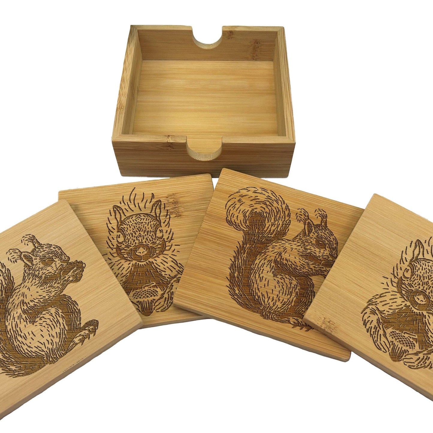 Squirrel Engraved Bamboo Coaster Set New Home Décor House Warming Christmas Gift Birthday Present Woodland Animal Cottage Core