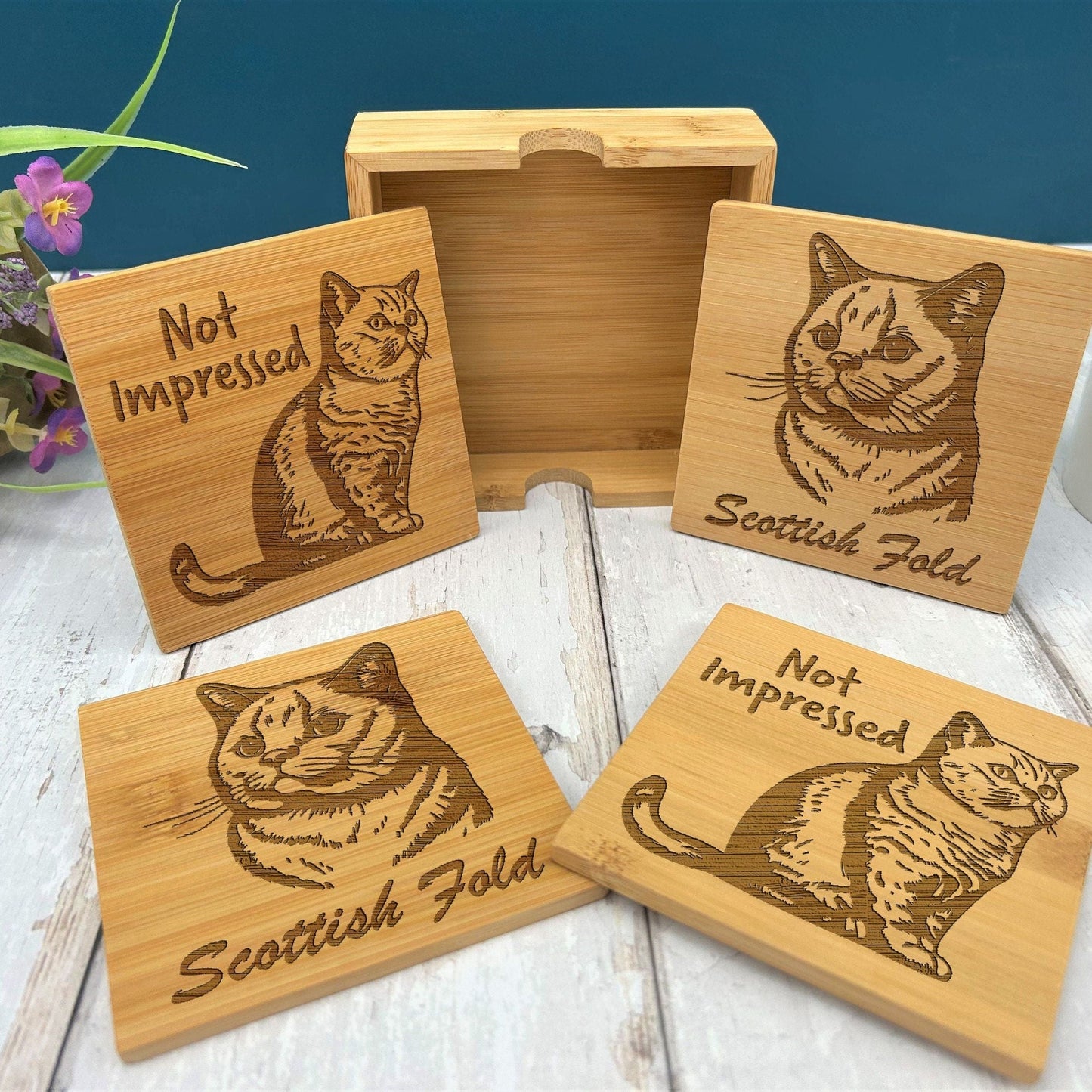 Scottish Fold Cat Engraved Bamboo Coaster Set New Home Décor House Warming Gift Christmas Gift Birthday Present Secret Santa