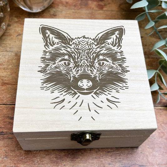Fox Illustration Engraved Wooden Trinket Jewellery Box Christmas Gift Birthday Present Secret Santa Woodland Animal