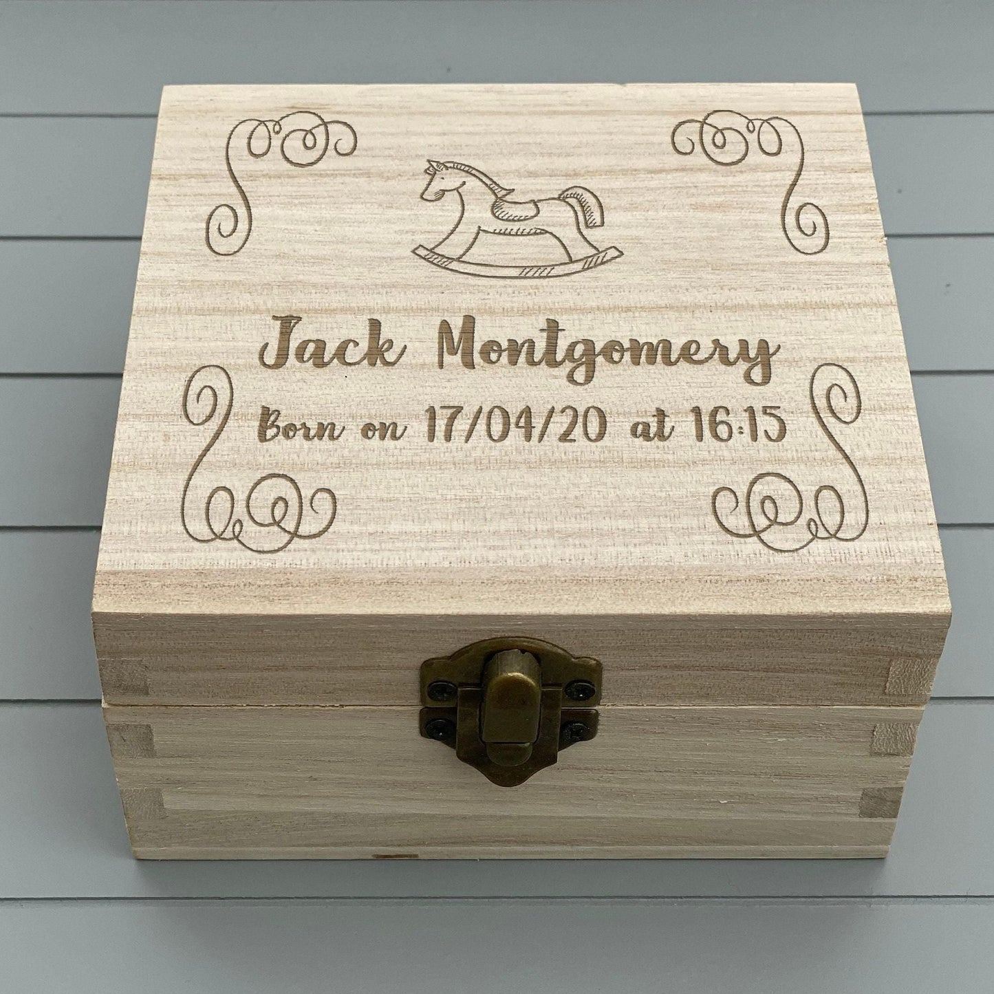 Rocking Horse Wooden Keepsake Memory Box Christening / New Baby Personalised Gift
