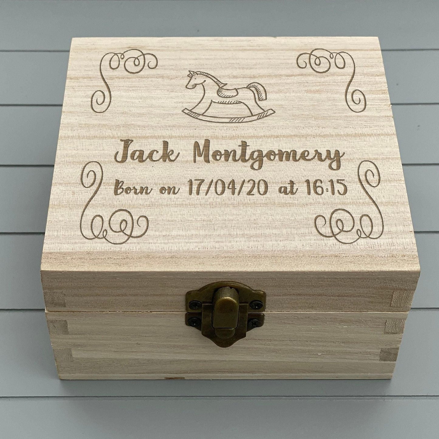 Rocking Horse Wooden Keepsake Memory Box Christening / New Baby Personalised Gift