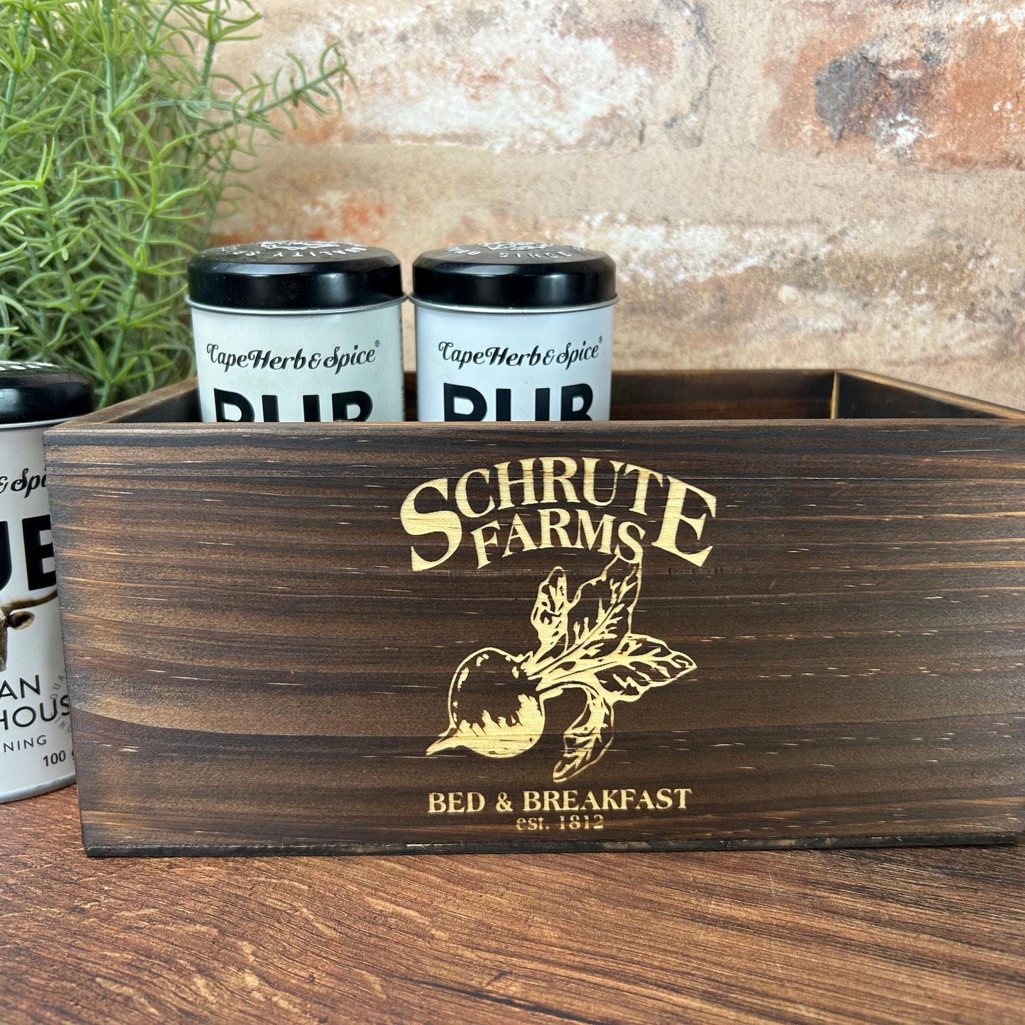 The Office Dwight Schrute Farms Beets Engraved Dark Wood Kitchen Tidy / Caddy Storage Spices Vinegar Herb Dining Table Decor Housewarming