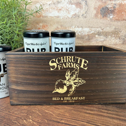 The Office Dwight Schrute Farms Beets Engraved Dark Wood Kitchen Tidy / Caddy Storage Spices Vinegar Herb Dining Table Decor Housewarming