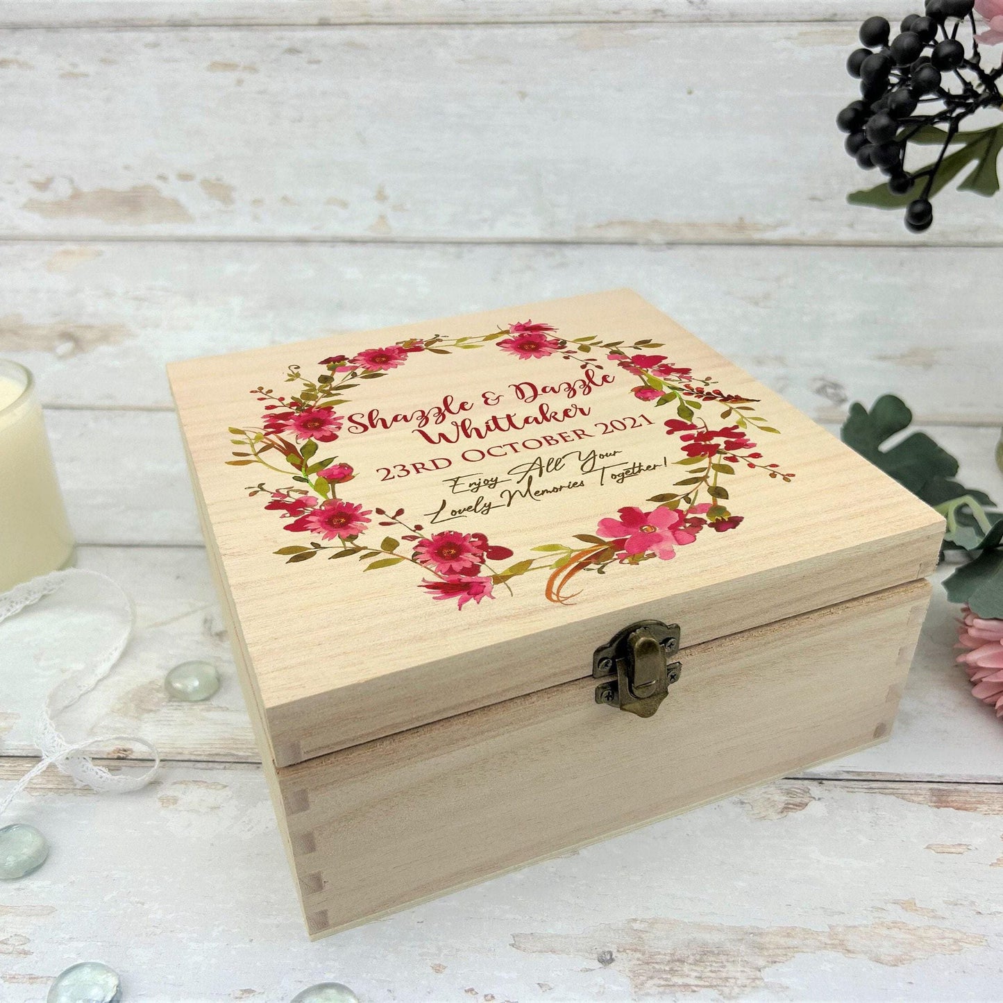 Floral Wreath Wedding Wooden Personalised Memory Box - Wedding Gift