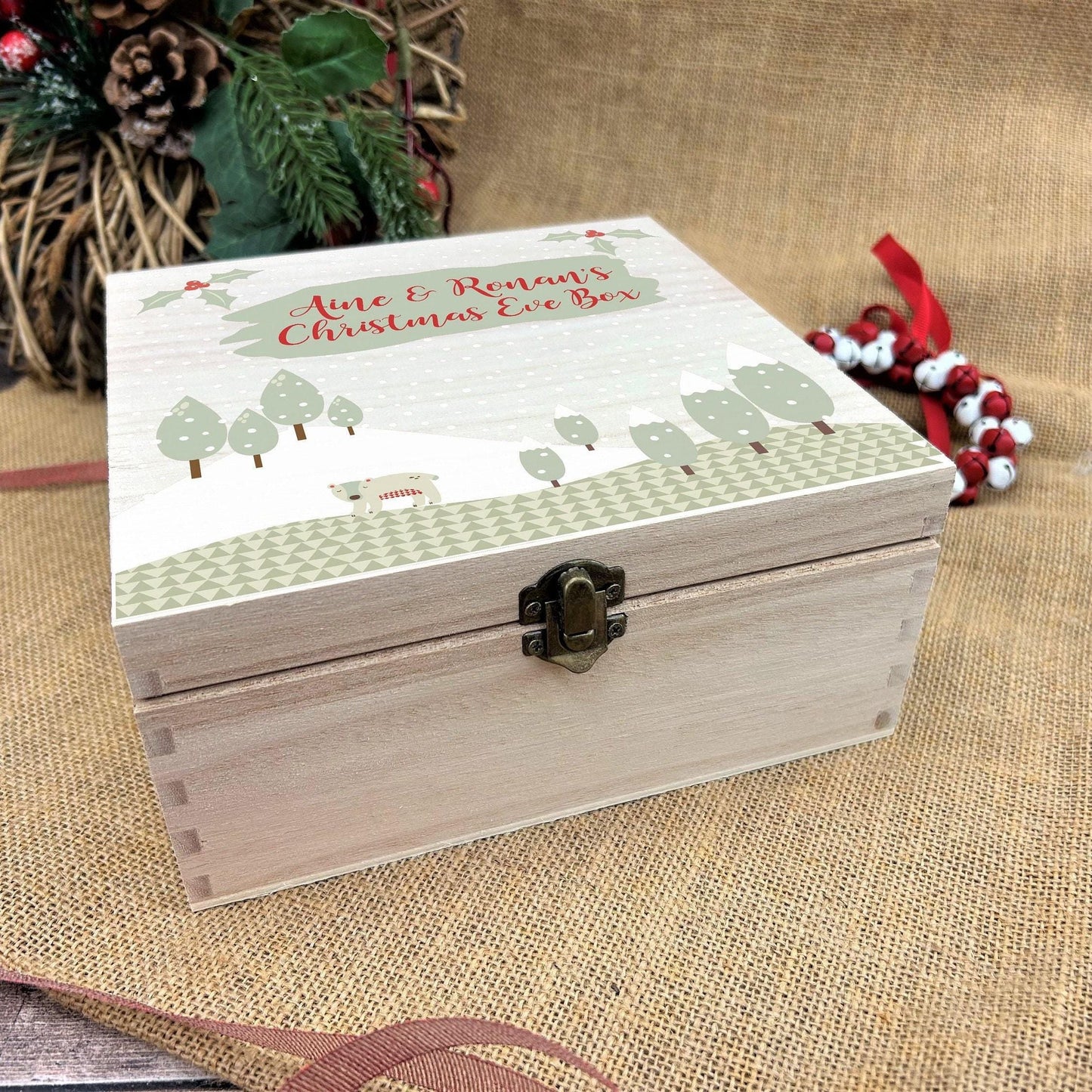 Scandinavian Winter Scene Wooden Personalised Christmas Eve Box