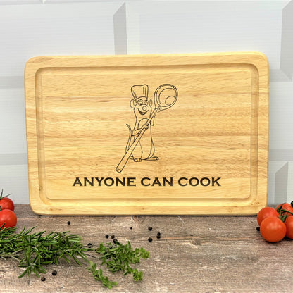 a wooden cutting board with a cartoon character on it