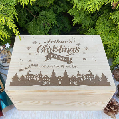 Snow Town Silhouette Christmas Eve Box Hamper Gift Personalised XMAS Engraved
