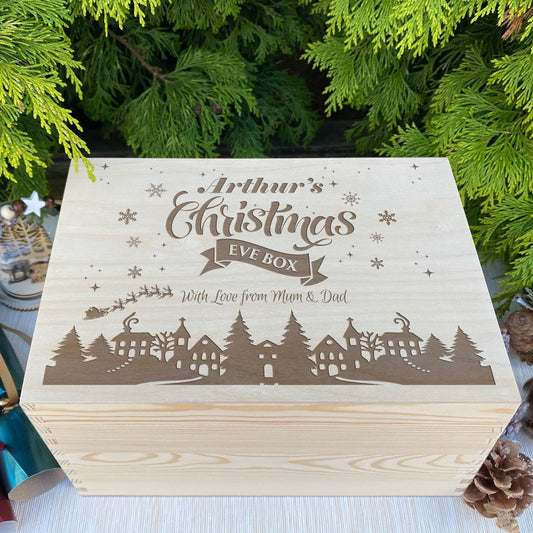 Snow Town Silhouette Christmas Eve Box Hamper Gift Personalised XMAS Engraved