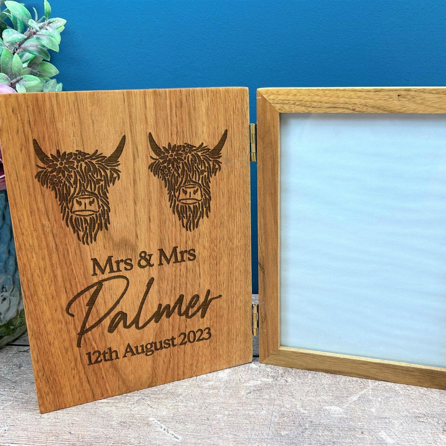 Mrs & Mrs Highland Cow Design Personalised Oak Photo Frame - LGBTQ Wedding Gift